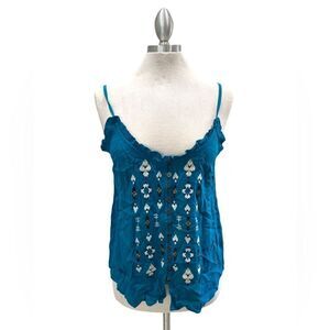 Shyanne teal embroidered adjustable straps buttons ruffle neck 100 % rayon